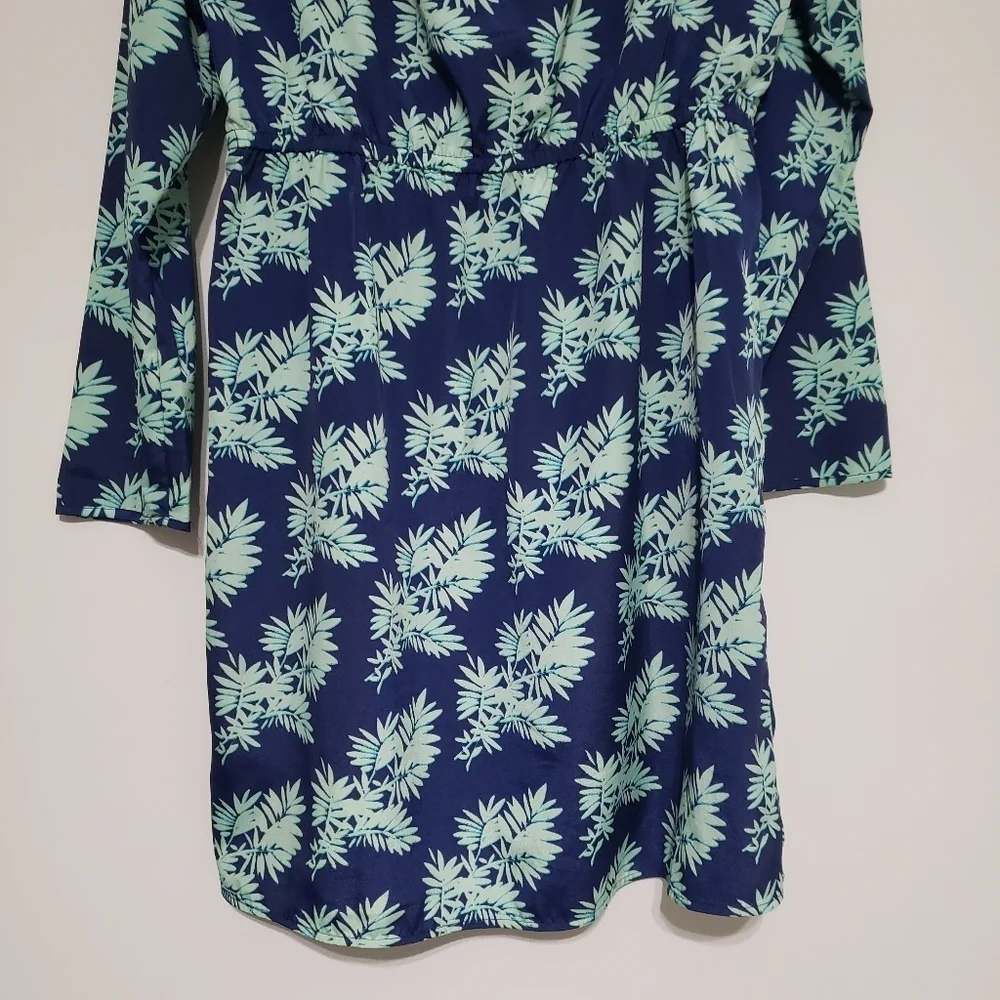 J. Crew Leaf Print Long Sleeve Dress 10 Navy Blue Mint Green Faux Wrap Lined